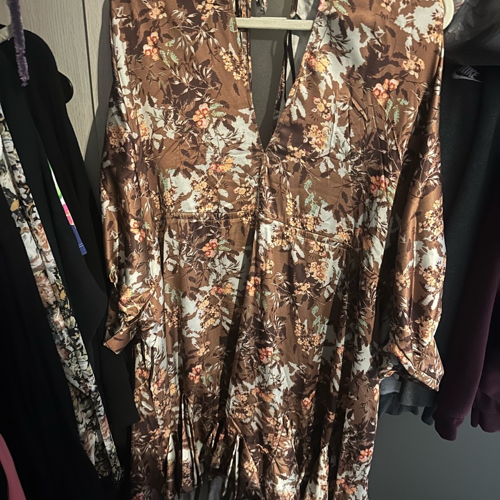 Aakaa Brown and Gold Plunge Sundress with Bishop Sleeves